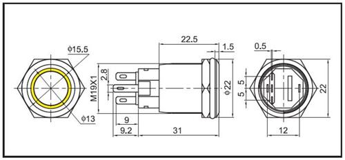 Hollex Drucktaster Edelstahl 12V Ein/Aus LED rot