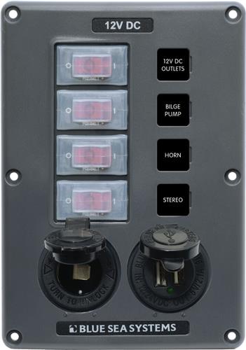 Blue Sea Systems Schalterpaneel H2O CB 4 Positionen Steckdose & USB grau (ersetzt 4321B-BSS)
