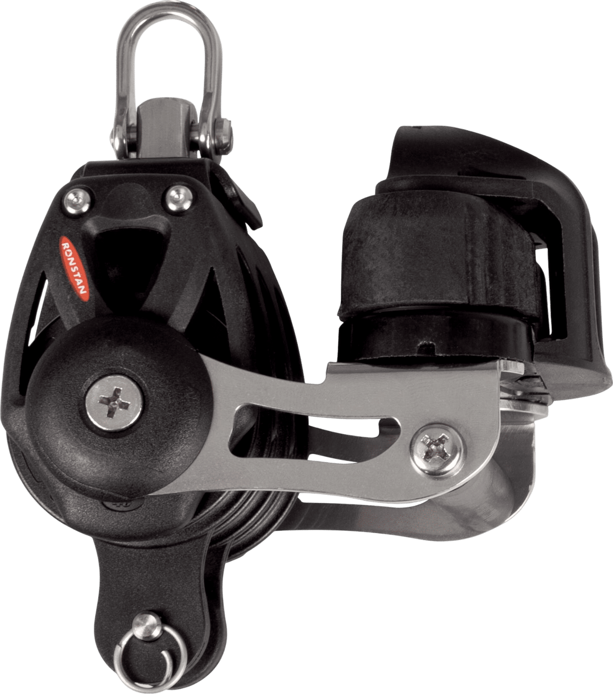 Ronstan Serie 40 kugelgelagerter 3-Scheiben-Block mit Hundsfott, Klemme und Wirbel RF48330